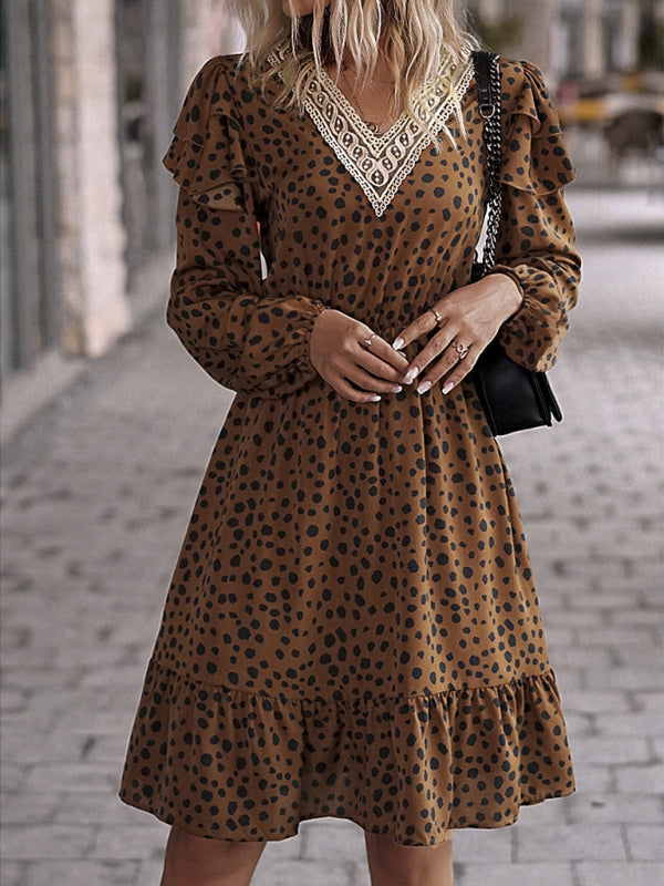 Damenkleid mit Rüschen und V-Ausschnitt aus Spitze – Elegantes Patchwork-Design, Langarm, Khaki