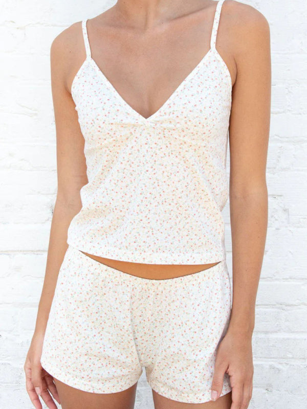 Floral V-Neck Suspender Shorts Loungewear Set – Lightweight & Comfortable