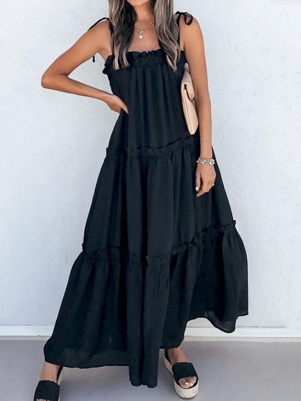 Solid Color Suspender Midi Dress – Woven Cotton Blend, Spring Style