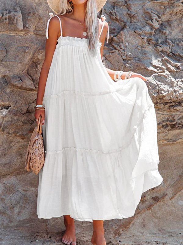 Solid Color Suspender Midi Dress – Woven Cotton Blend, Spring Style