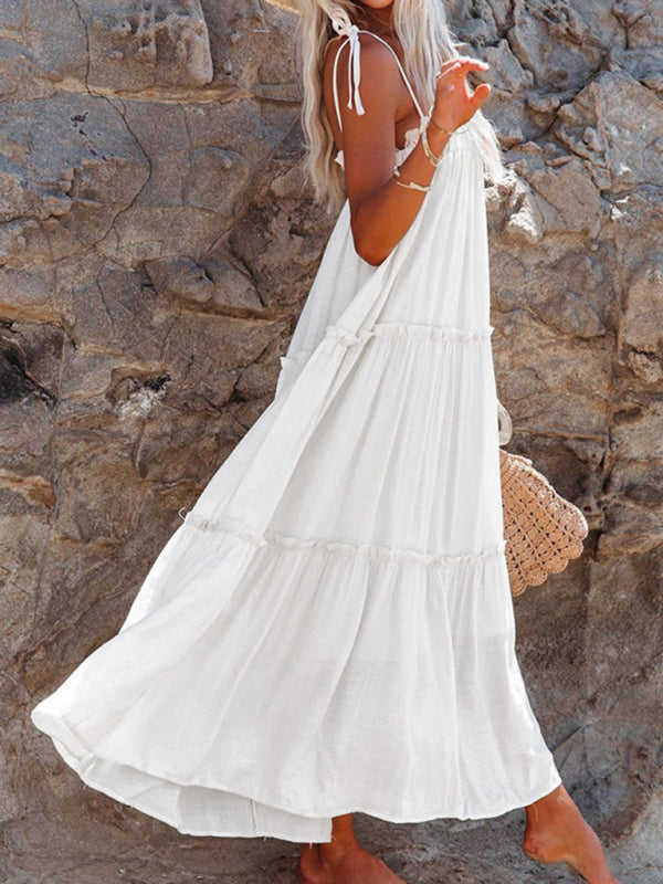 Solid Color Suspender Midi Dress – Woven Cotton Blend, Spring Style