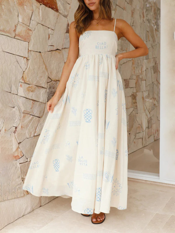 Printed Hollow-Back Suspender Dress – Flowing Fit, Lightweight & Woven