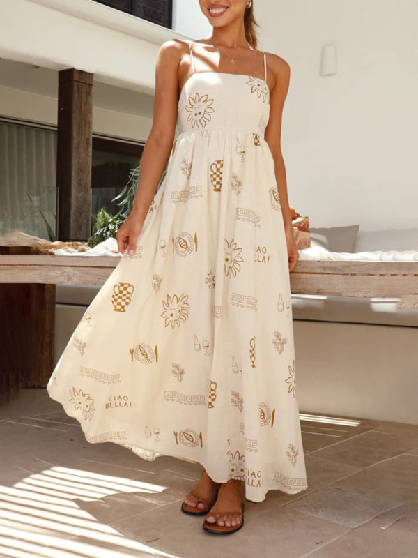 Printed Hollow-Back Suspender Dress – Flowing Fit, Lightweight & Woven