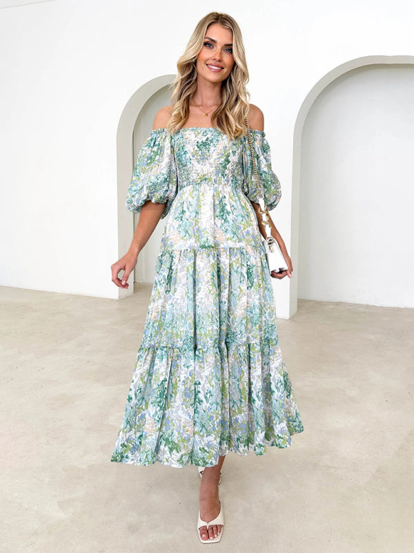 Puff Sleeve French Cake Dress – Romantic Floral Resort Maxi Outfit Green