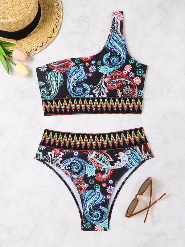 One-Shoulder Printed Triangle Bikini – High Elastic Knit, Spring-Summer Style
