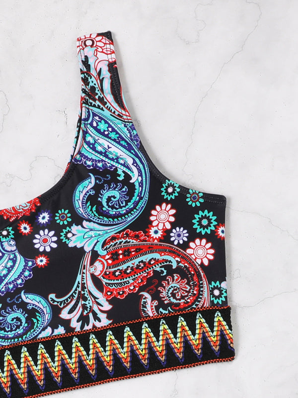 One-Shoulder Printed Triangle Bikini – High Elastic Knit, Spring-Summer Style