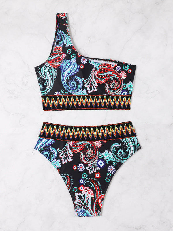 One-Shoulder Printed Triangle Bikini – High Elastic Knit, Spring-Summer Style