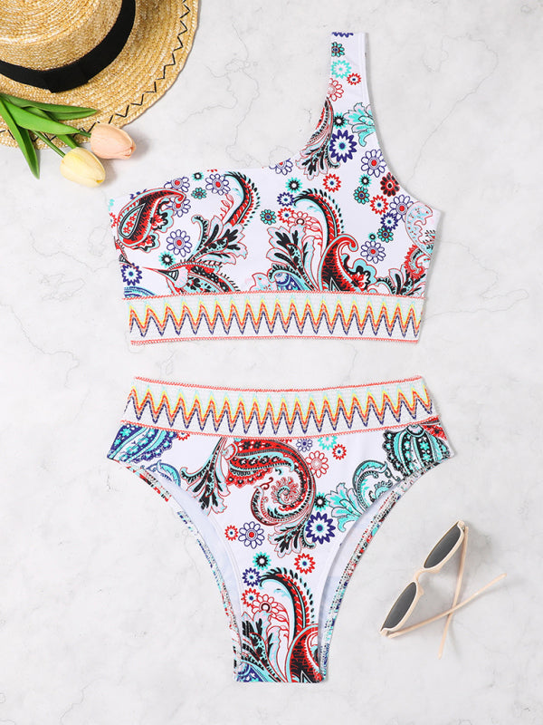 One-Shoulder Printed Triangle Bikini – High Elastic Knit, Spring-Summer Style