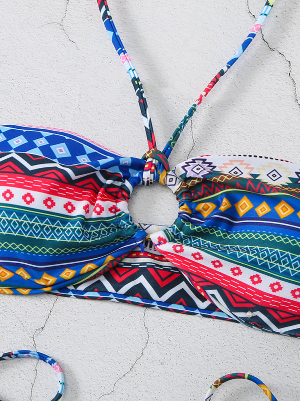 Boho Multi-Color Halterneck Bikini Set – Adjustable Lace-Up & High Elasticity