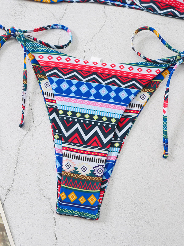 Boho Multi-Color Halterneck Bikini Set – Adjustable Lace-Up & High Elasticity