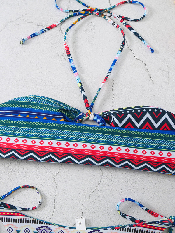 Boho Multi-Color Halterneck Bikini Set – Adjustable Lace-Up & High Elasticity