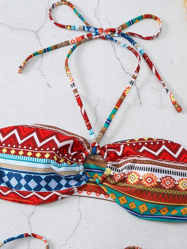 Boho Multi-Color Halterneck Bikini Set – Adjustable Lace-Up & High Elasticity