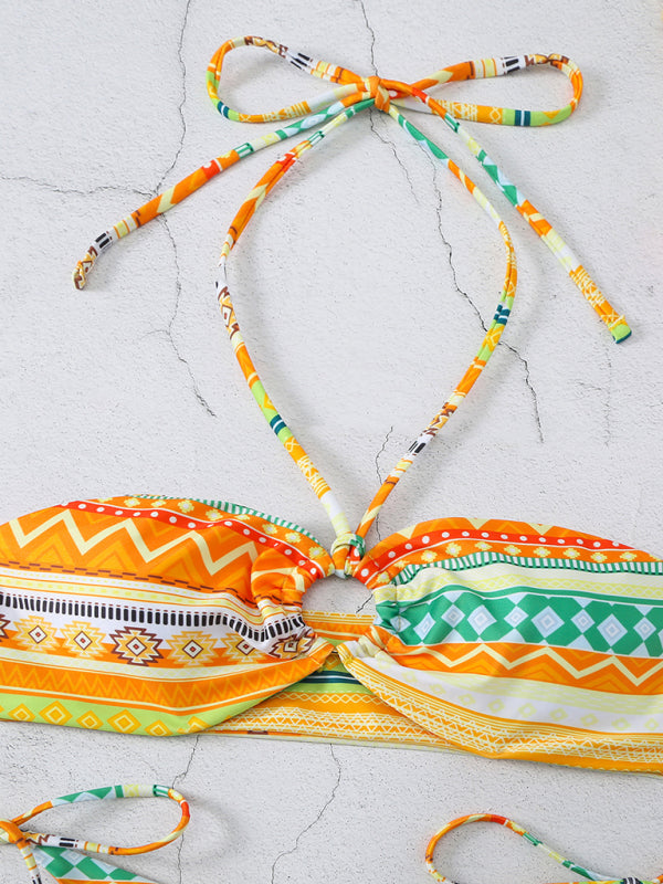 Boho Multi-Color Halterneck Bikini Set – Adjustable Lace-Up & High Elasticity