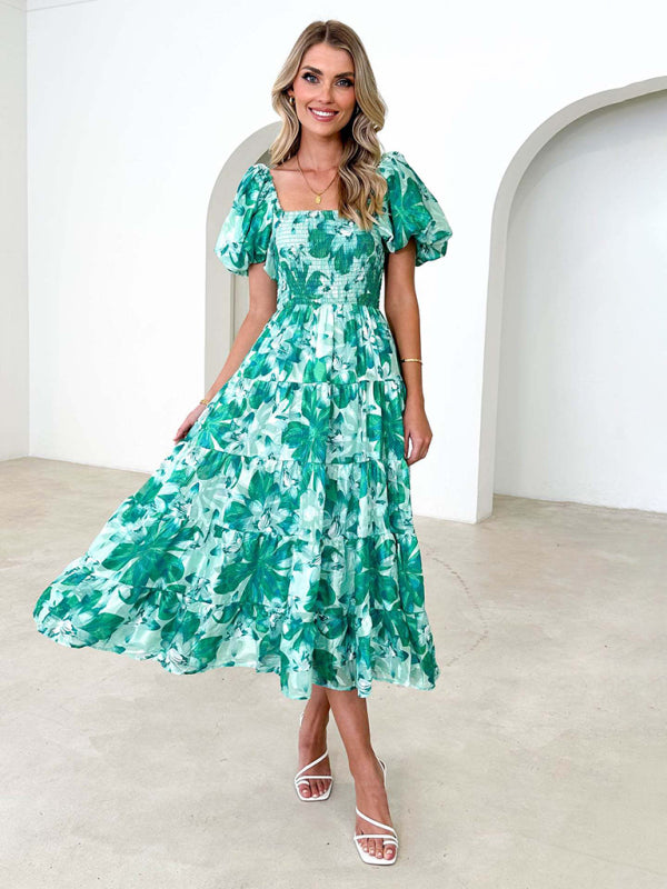Romantic Off-Shoulder Floral Dress – Spring Summer French Style Green
