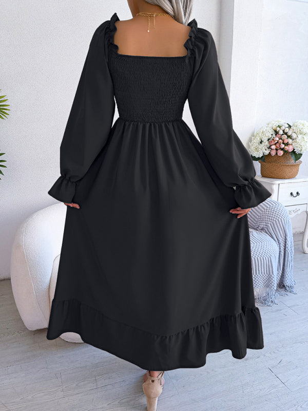 New women's casual square neck flared skirt with large hem and ruffled skirt