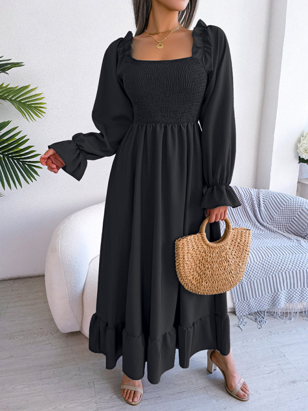 New women's casual square neck flared skirt with large hem and ruffled skirt