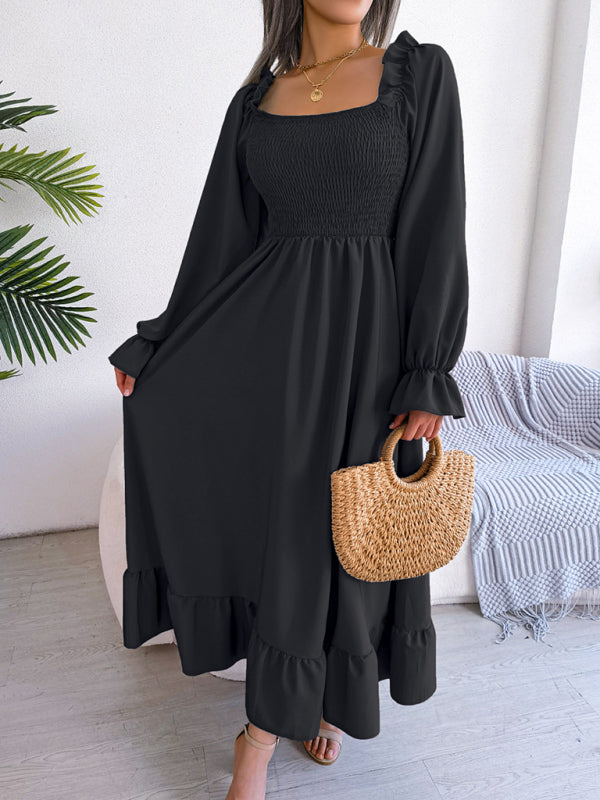 New women's casual square neck flared skirt with large hem and ruffled skirt