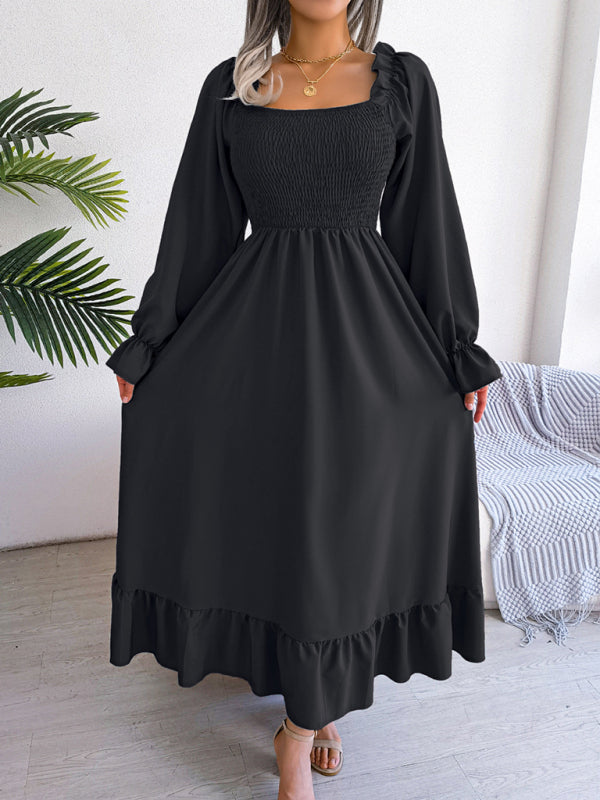 Casual Square Neck Flared Midi Dress with Ruffled Hem – Spring Summer Style
