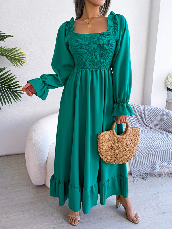 Casual Square Neck Flared Midi Dress with Ruffled Hem – Spring Summer Style