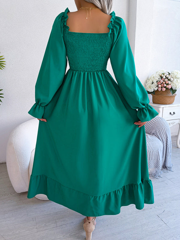 Casual Square Neck Flared Midi Dress with Ruffled Hem – Spring Summer Style