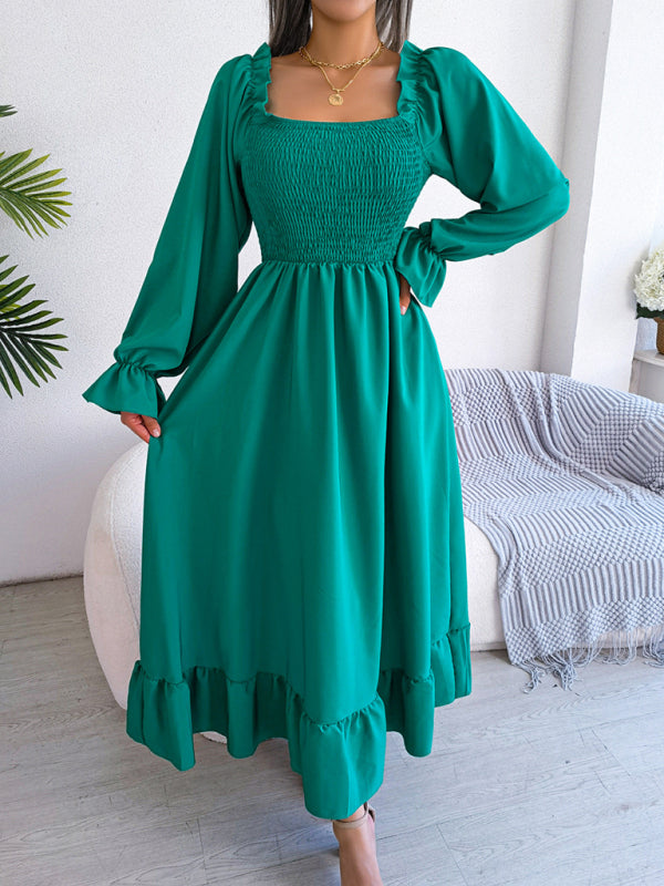 Casual Square Neck Flared Midi Dress with Ruffled Hem – Spring Summer Style Green