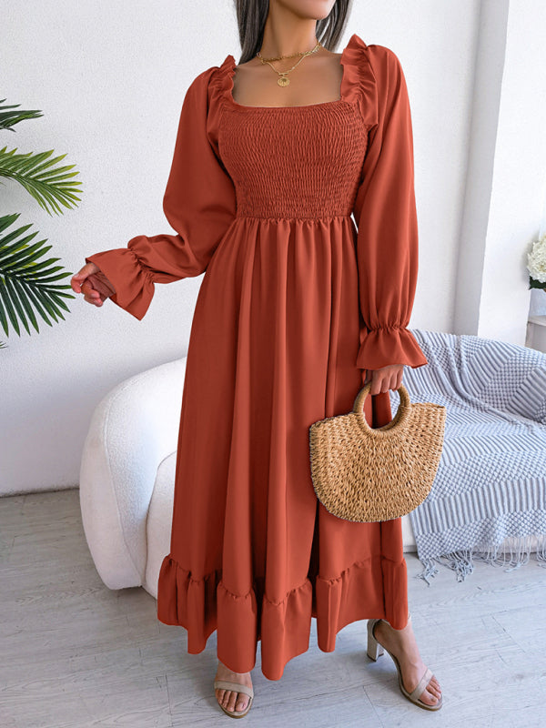 Casual Square Neck Flared Midi Dress with Ruffled Hem – Spring Summer Style