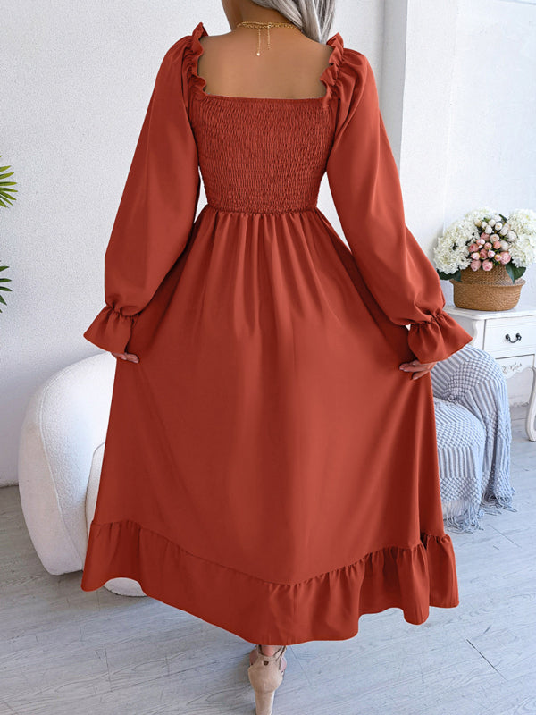 Casual Square Neck Flared Midi Dress with Ruffled Hem – Spring Summer Style