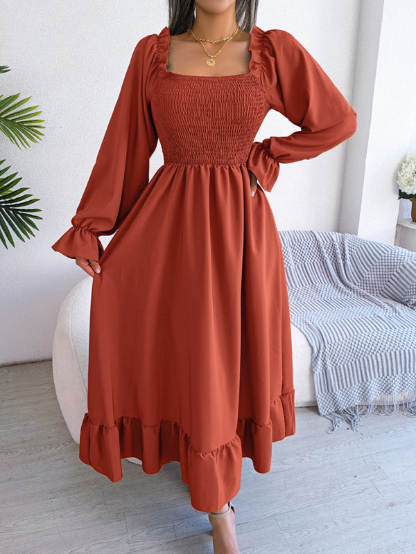 Casual Square Neck Flared Midi Dress with Ruffled Hem – Spring Summer Style