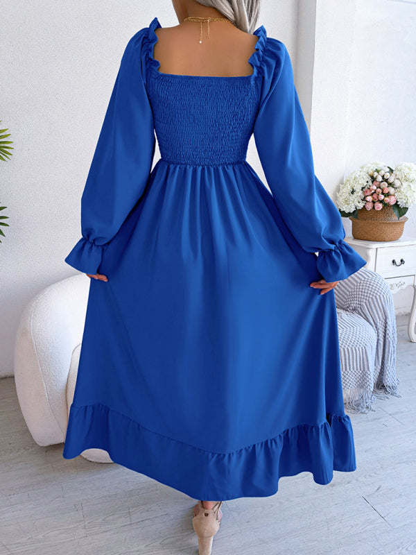 New women's casual square neck flared skirt with large hem and ruffled skirt