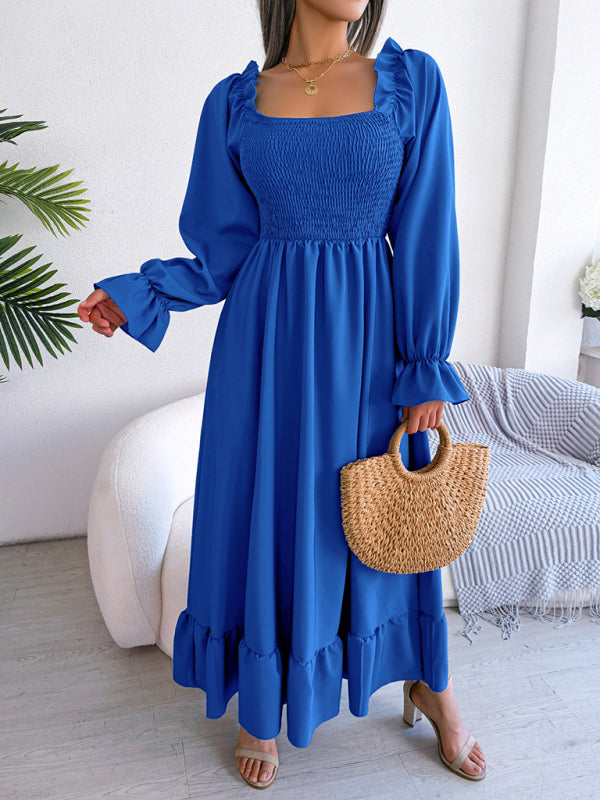New women's casual square neck flared skirt with large hem and ruffled skirt