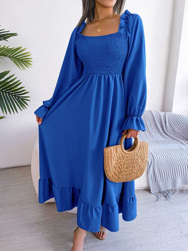 Casual Square Neck Flared Midi Dress with Ruffled Hem – Spring Summer Style