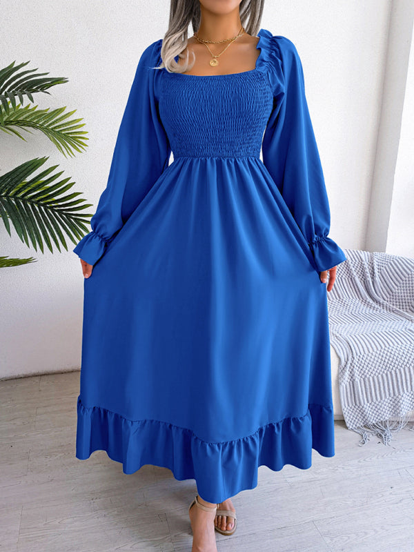 New women's casual square neck flared skirt with large hem and ruffled skirt