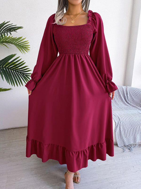 New women's casual square neck flared skirt with large hem and ruffled skirt