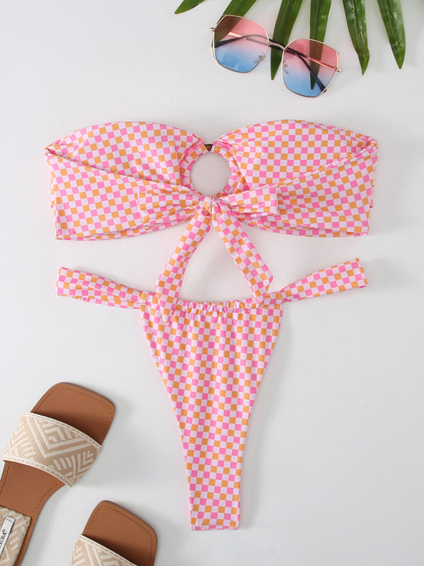 Floral Plaid Print Bandeau Bikini Set – High Stretch & Romantic Style