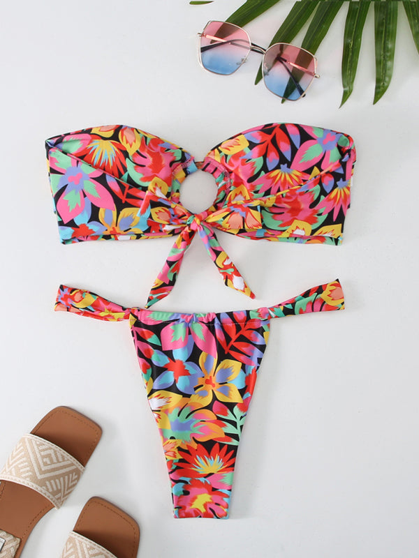 Floral Plaid Print Bandeau Bikini Set – High Stretch & Romantic Style