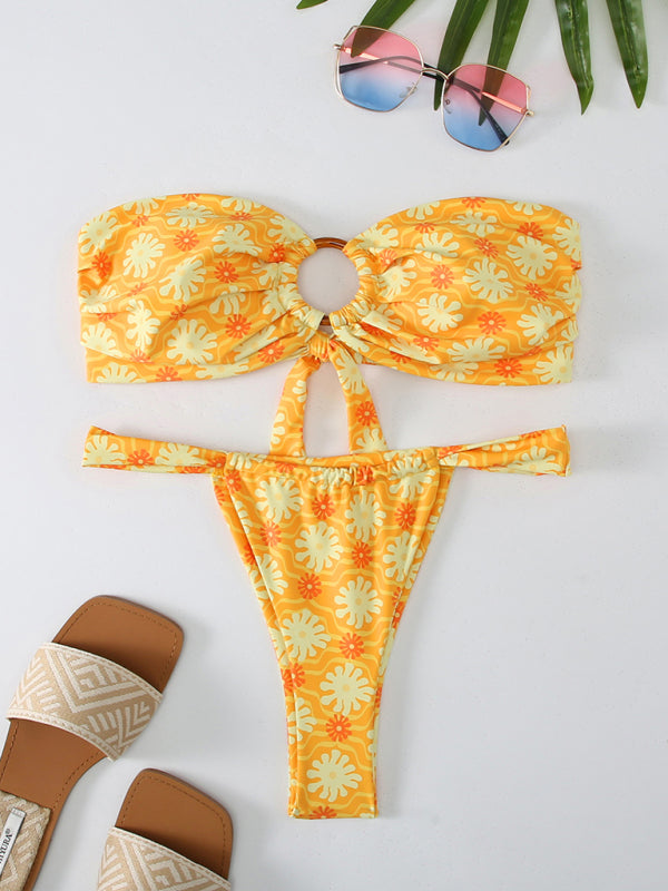 Floral Plaid Print Bandeau Bikini Set – High Stretch & Romantic Style