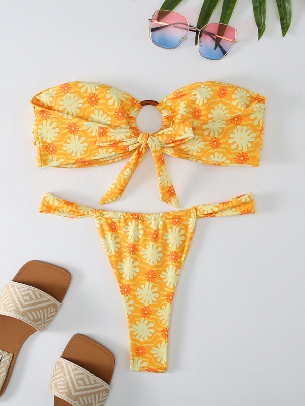 Floral Plaid Print Bandeau Bikini Set – High Stretch & Romantic Style