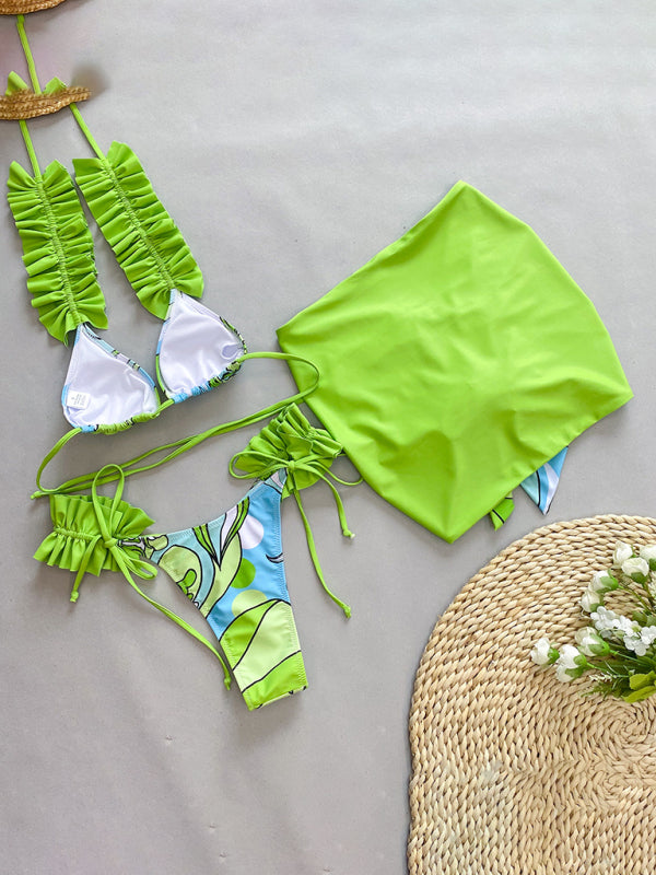 Ruffled Edge 3-Piece Bikini Set – High Stretch, Stylish Cover-Up Included
