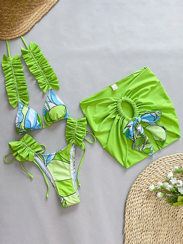Ruffled Edge 3-Piece Bikini Set – High Stretch, Stylish Cover-Up Included
