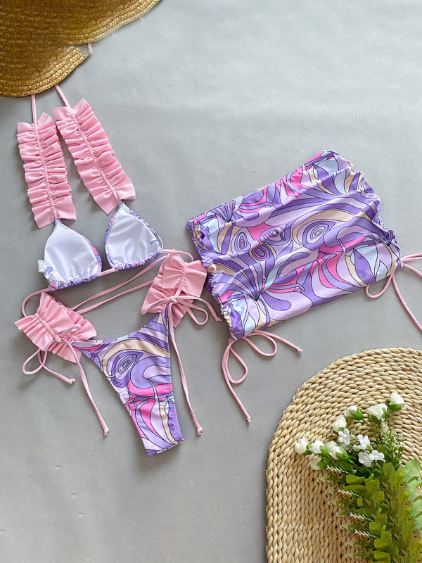 Ruffled Edge 3-Piece Bikini Set – High Stretch, Stylish Cover-Up Included