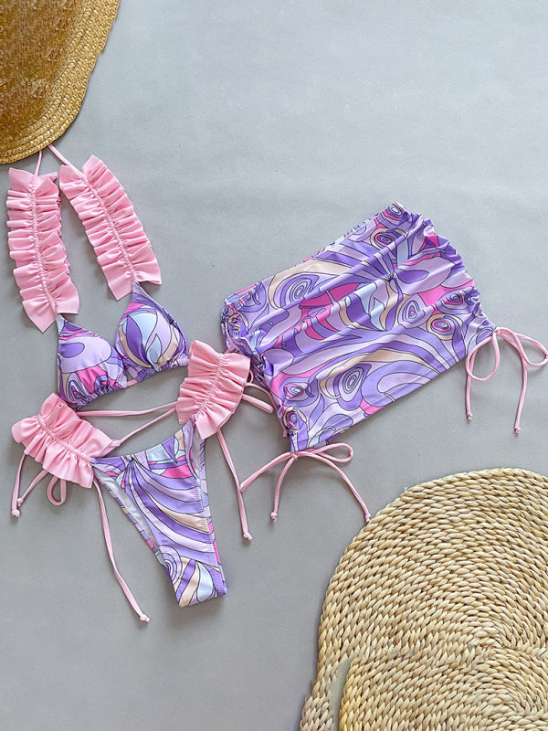 Ruffled Edge 3-Piece Bikini Set – High Stretch, Stylish Cover-Up Included