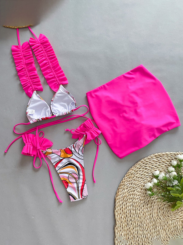 Ruffled Edge 3-Piece Bikini Set – High Stretch, Stylish Cover-Up Included