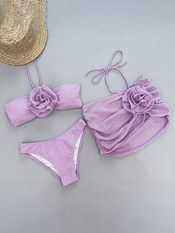 Romantic 3-Piece Floral Bikini Set – High Stretch, Nylon Knit, Cover-Up Included