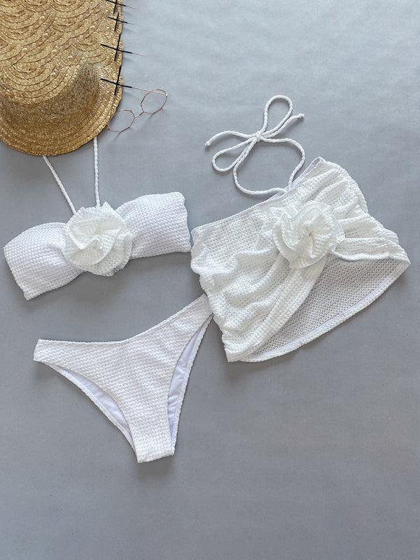 Romantic 3-Piece Floral Bikini Set – High Stretch, Nylon Knit, Cover-Up Included