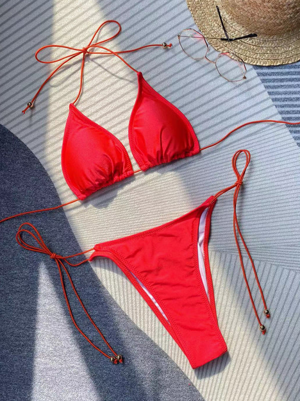 Solid Rope Strap Bikini Set – High-Stretch Knit with Sexy Secure Fit