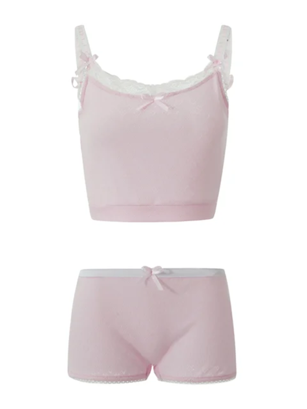 Sexy Lace Splice Pajama Set – Bow Detail & Rope Straps in Pink - Smiling Maria - Everything For Women