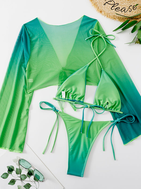 Gradient Mesh Bikini Set – 3-Piece with High-Waisted Bottoms & Cover-Up