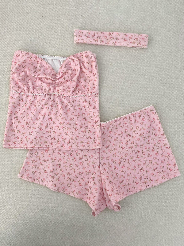 Floral Tube Top & Lace Shorts Set – Stretchy Knit Lounge Outfit
