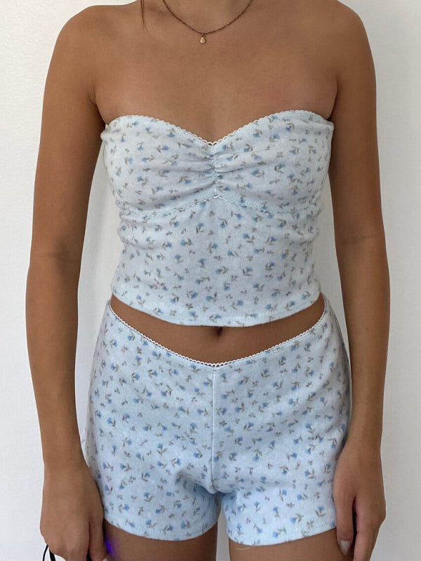 Floral Tube Top & Lace Shorts Set – Stretchy Knit Lounge Outfit