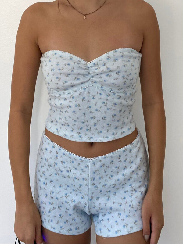 Floral Tube Top & Lace Shorts Set – Stretchy Knit Lounge Outfit